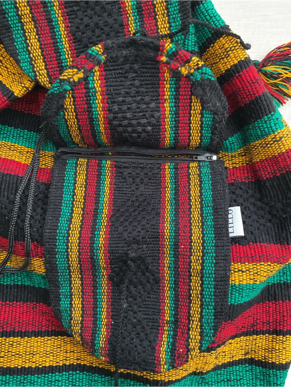 Handwoven Striped Hooded Backpack - Black with Red, Green & Gold - Picture 3 of 7